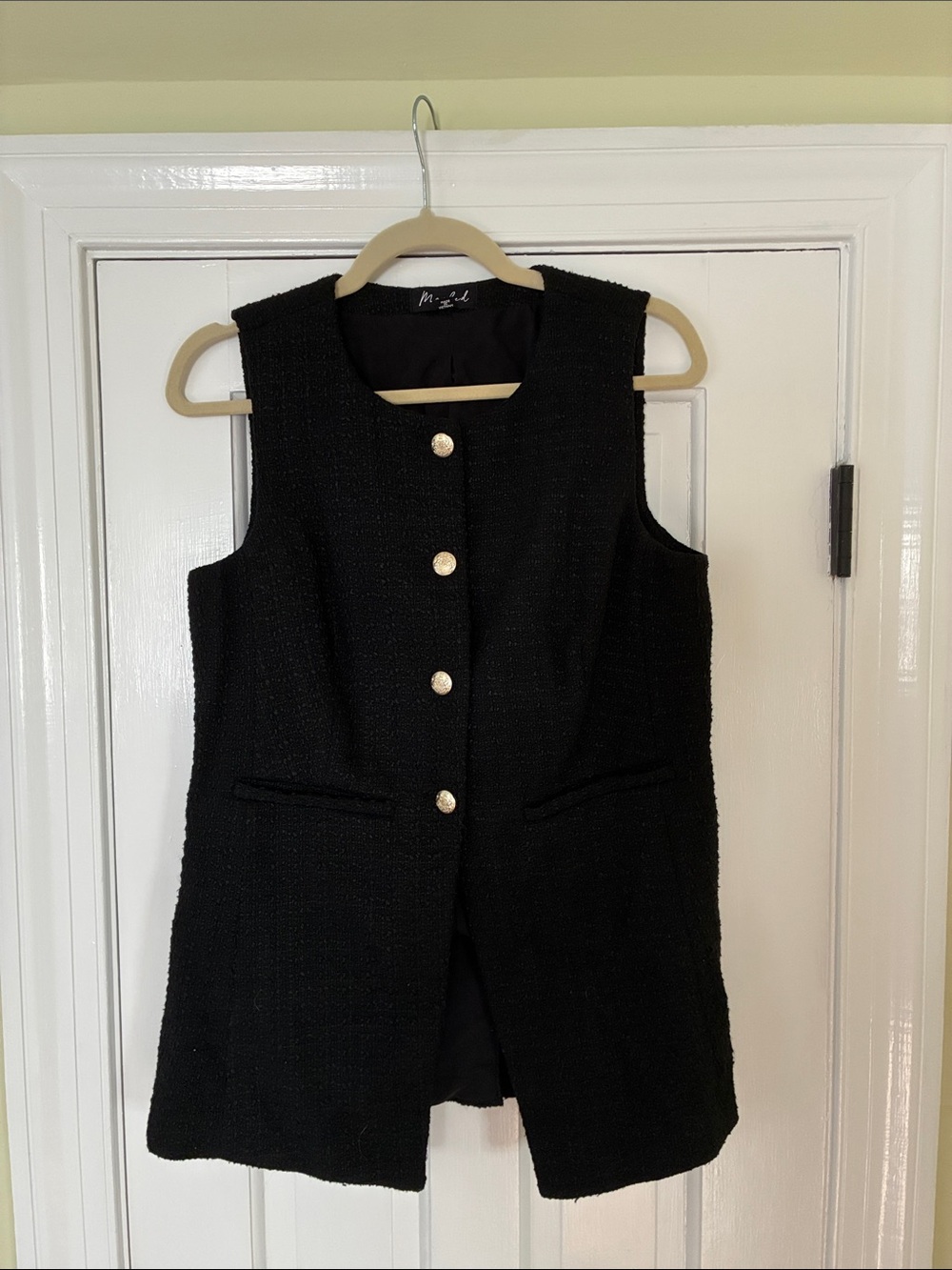 Marled Black Sleeveless Tweed Vest with Gold Buttons